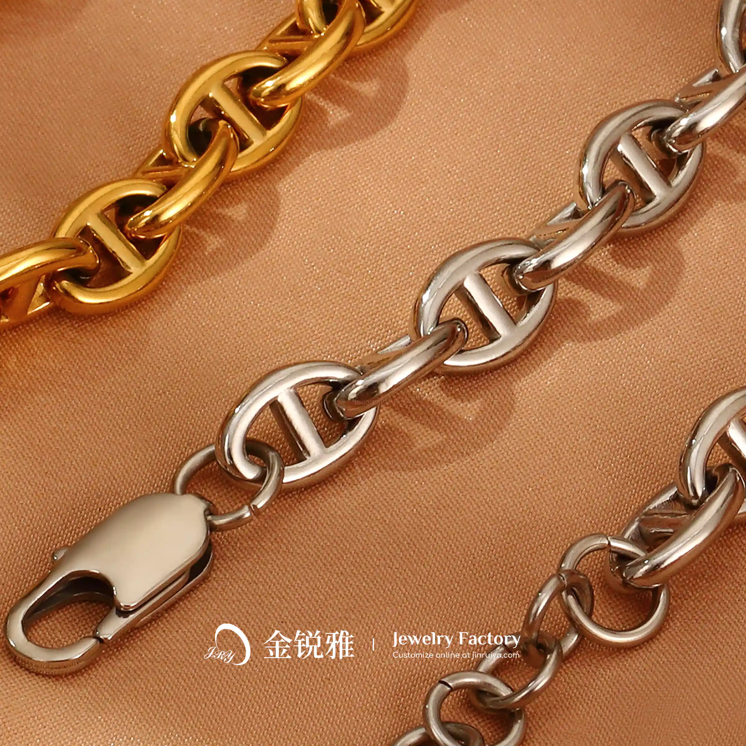 Close-up details of the coffee bean pig nose bracelet chain body