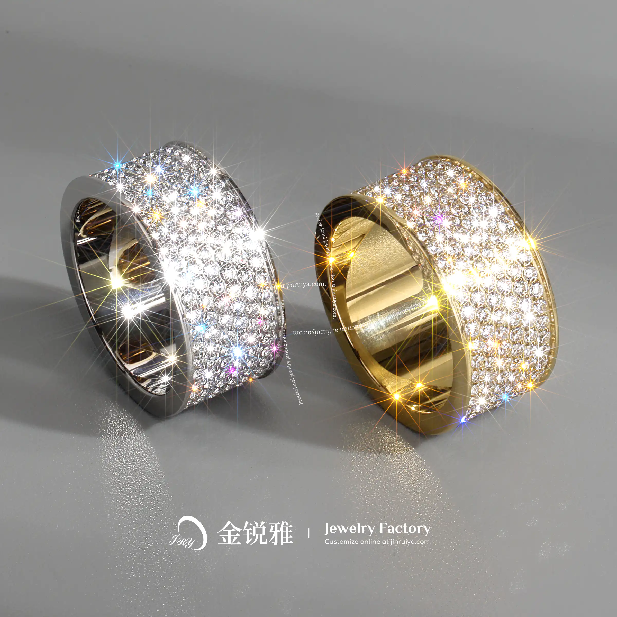 Cincin full CZ (cubic zirconia) baja tahan karat warna perak dan emas, dihiasi dengan zirconia berkilau, mempesona dan eye-catching